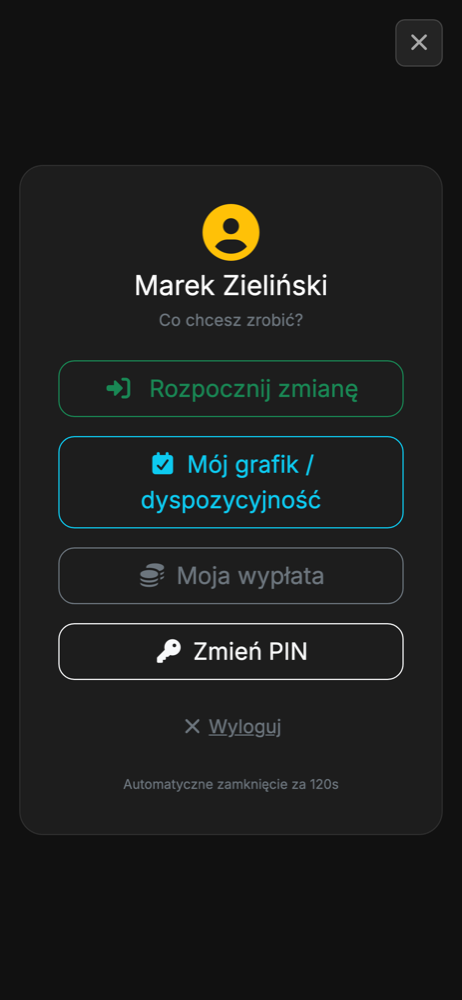 Panel pracownika po zalogowaniu PIN-em na telefonie